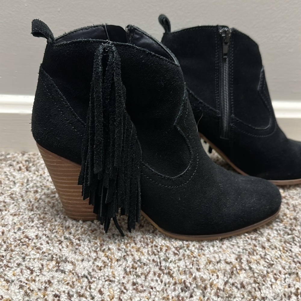 Black Suede Ankle Boots with Fringe - Picture 2 of 7